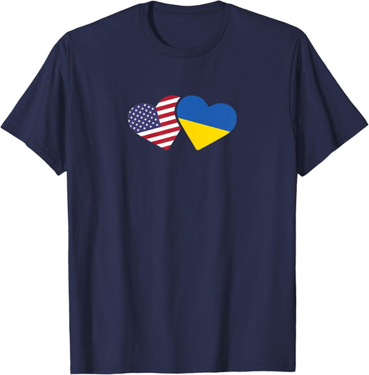Ukraine USA Flag T Shirt Heart Ukrainian Americans T-Shirt - T-Shirt | Navy