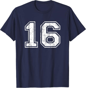 Number 16 Distressed Vintage Sixteen Sport Training Practice T-Shirt - T-Shirt | Navy
