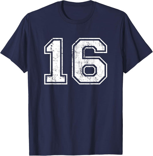 Number 16 Distressed Vintage Sixteen Sport Training Practice T-Shirt - T-Shirt | Navy