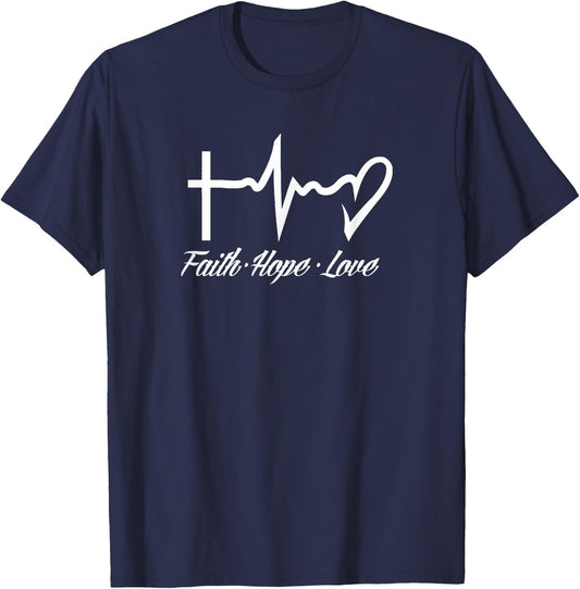 Faith Hope Love EKG Heart Pulse Life Line T-Shirt - T-Shirt | Navy