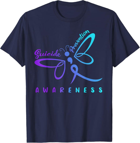 Dragonfly Suicide Prevention Awareness Pink And Teal Ribbon T-Shirt - T-Shirt | Navy