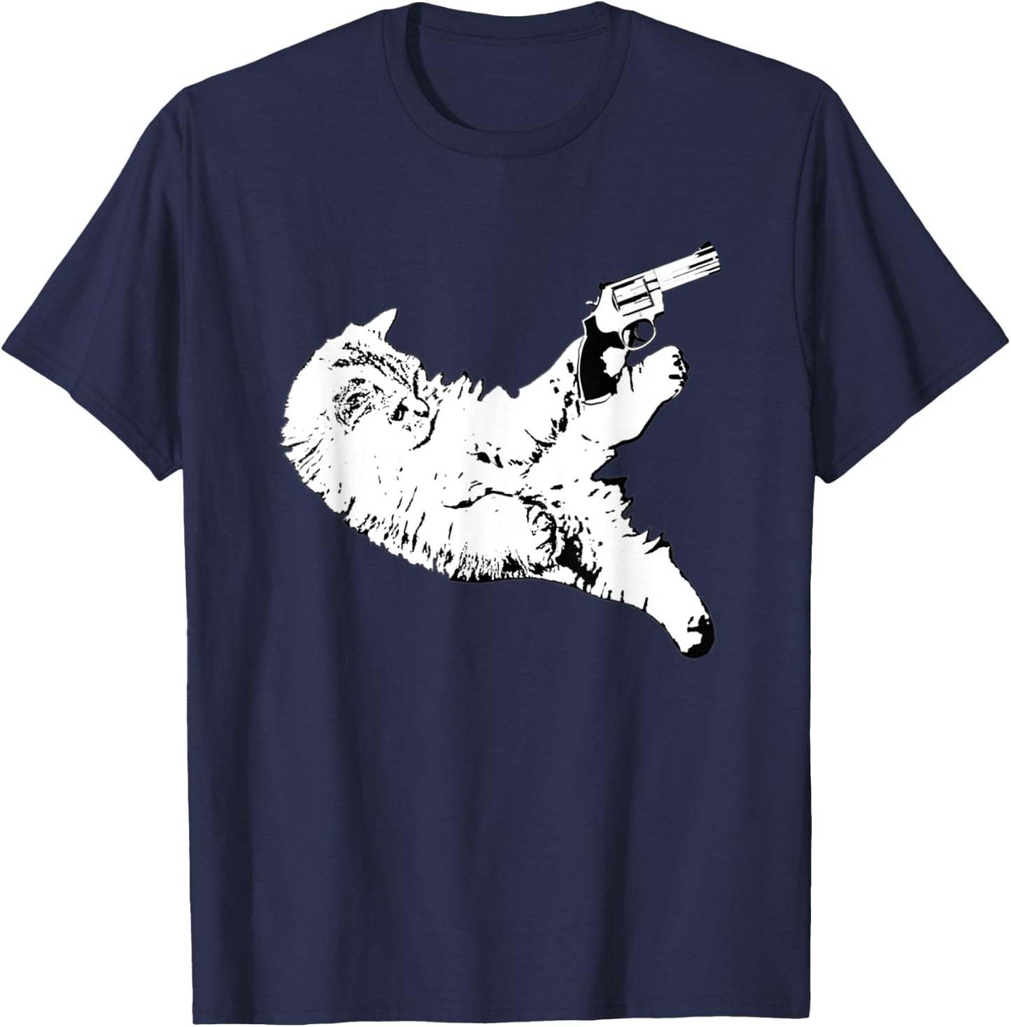 Cat With Gun Funny Kitty Gun Pet Lovers Men Women T-Shirt - T-Shirt | Navy