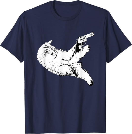 Cat With Gun Funny Kitty Gun Pet Lovers Men Women T-Shirt - T-Shirt | Navy