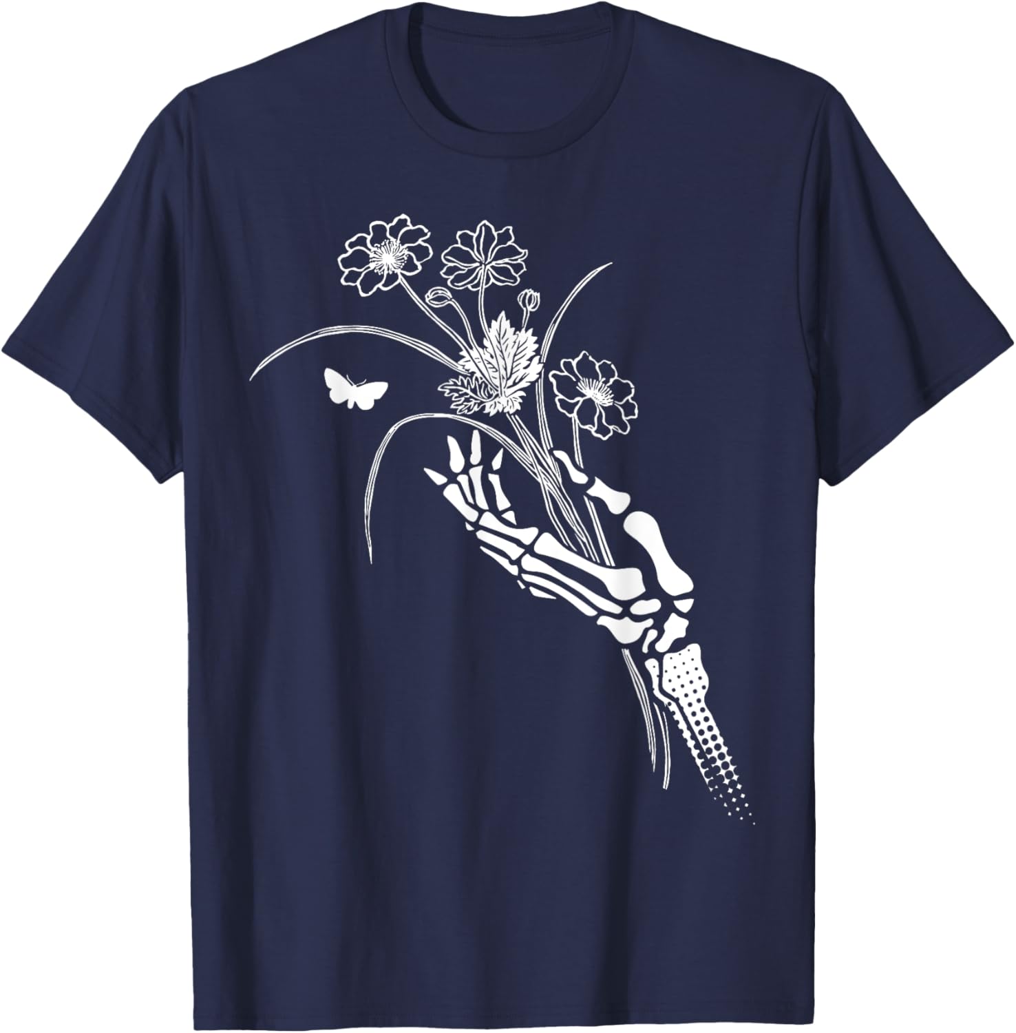 Skeleton Hand Holding Flowers Folkloric Wiccan Nature Witch T-Shirt - T-Shirt | Navy