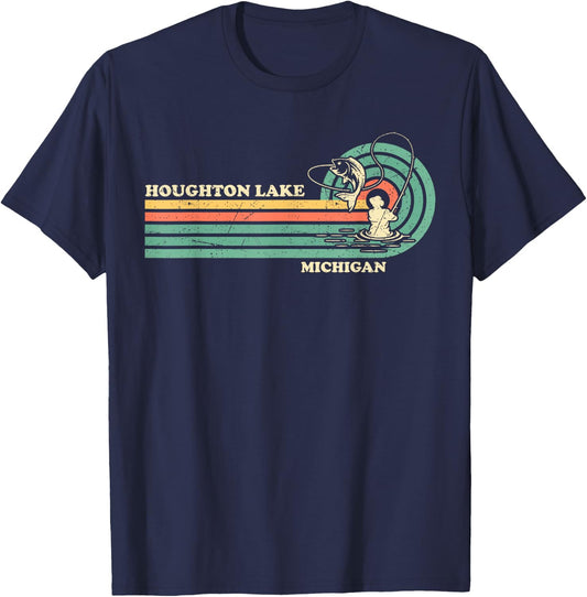 Vintage Retro Summer Fishing Michigan Houghton Lake T-Shirt - T-Shirt | Navy