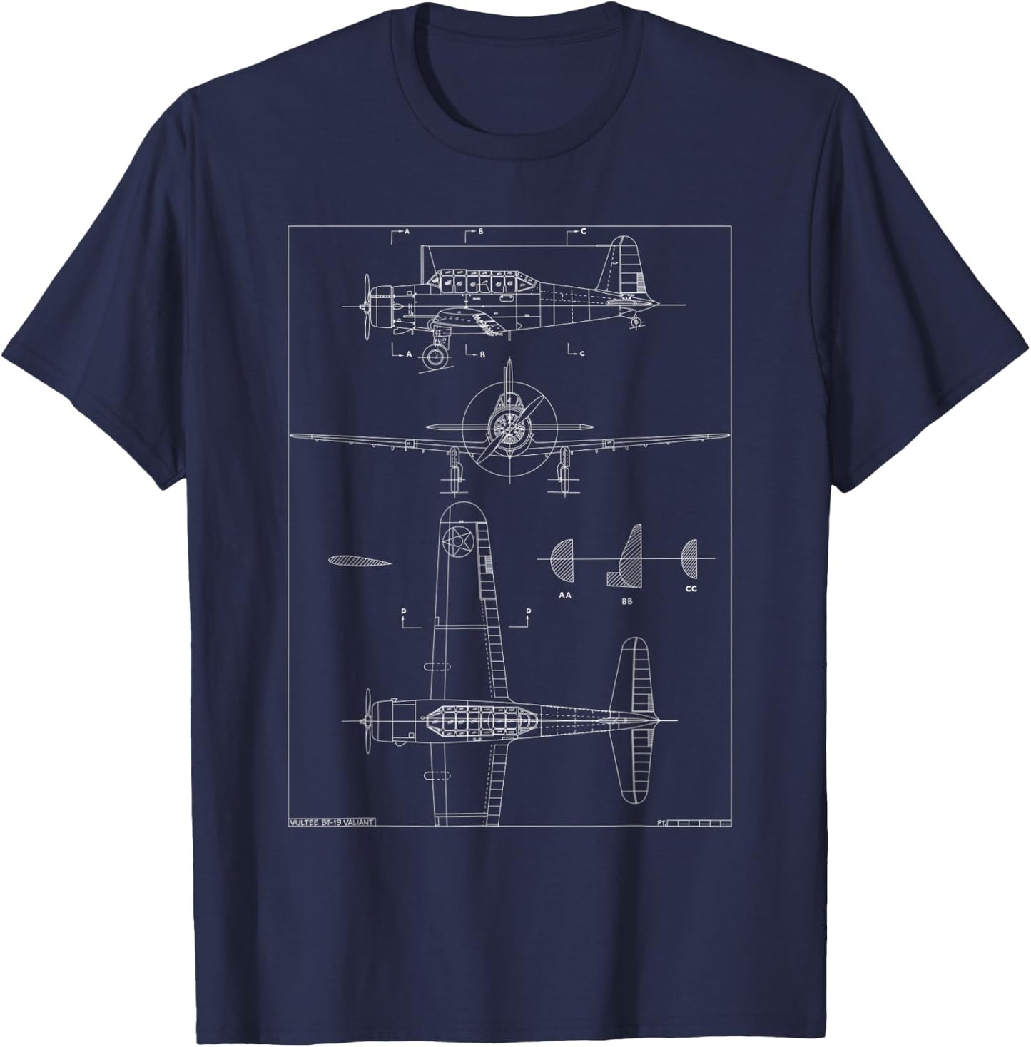 Vultee BT-13 Valiant WW2 Basic Trainer Aircraft Blueprint T-Shirt - T-Shirt | Navy