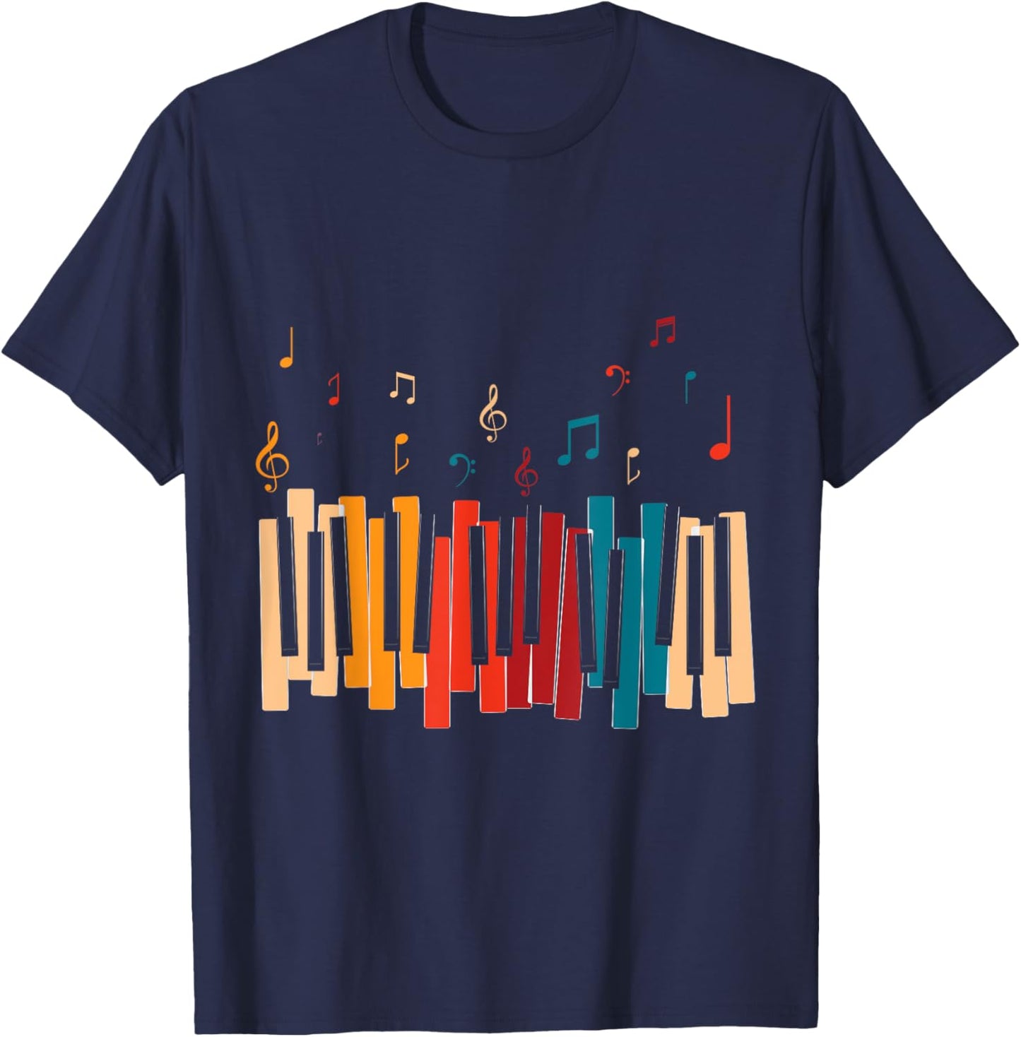 Music Notes Colorful Keyboard Piano T-Shirt - T-Shirt | Navy