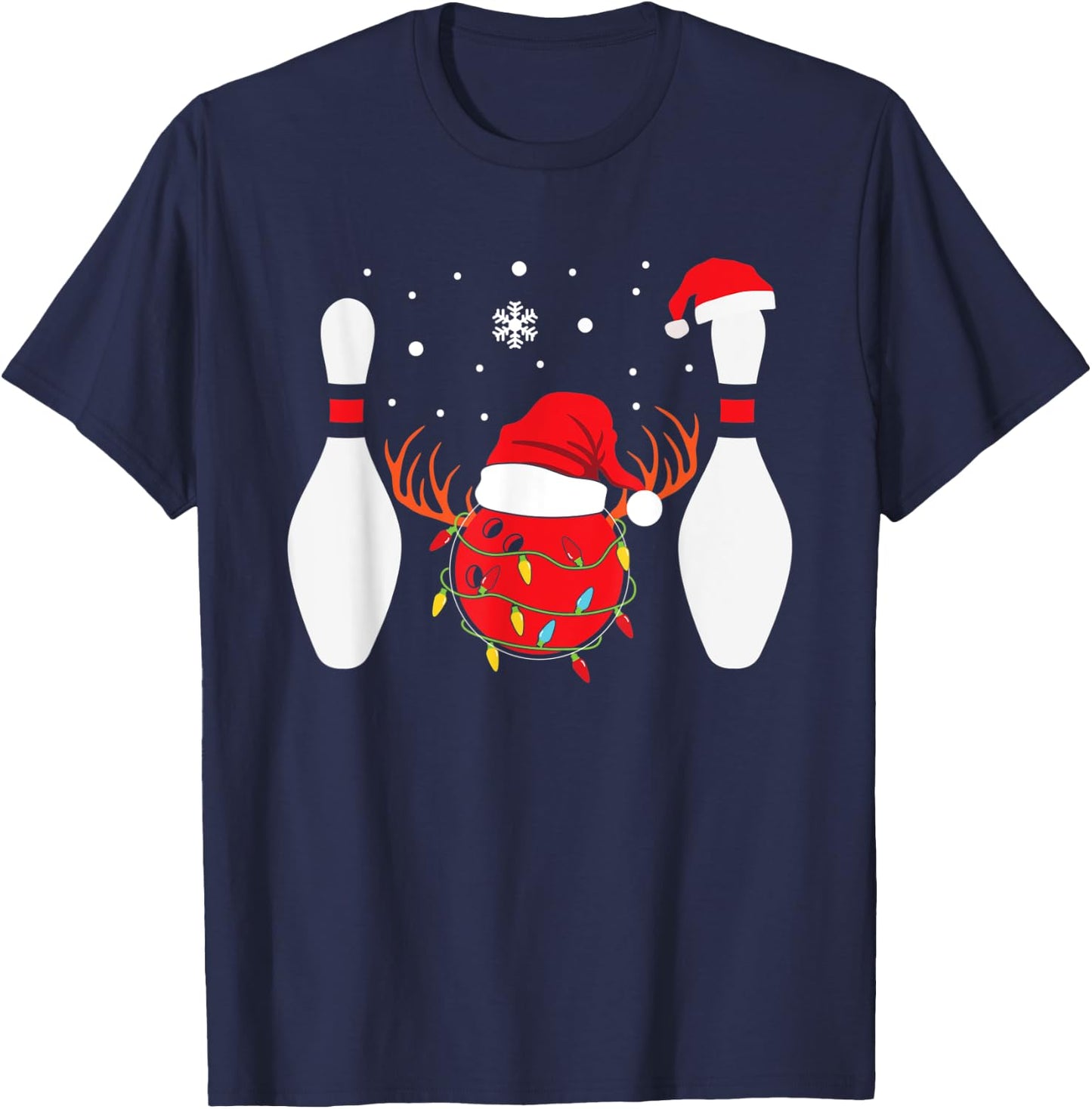 Christmas Bowling Ball Bowling Pins Santa Hat Reindeer T-Shirt - T-Shirt | Navy