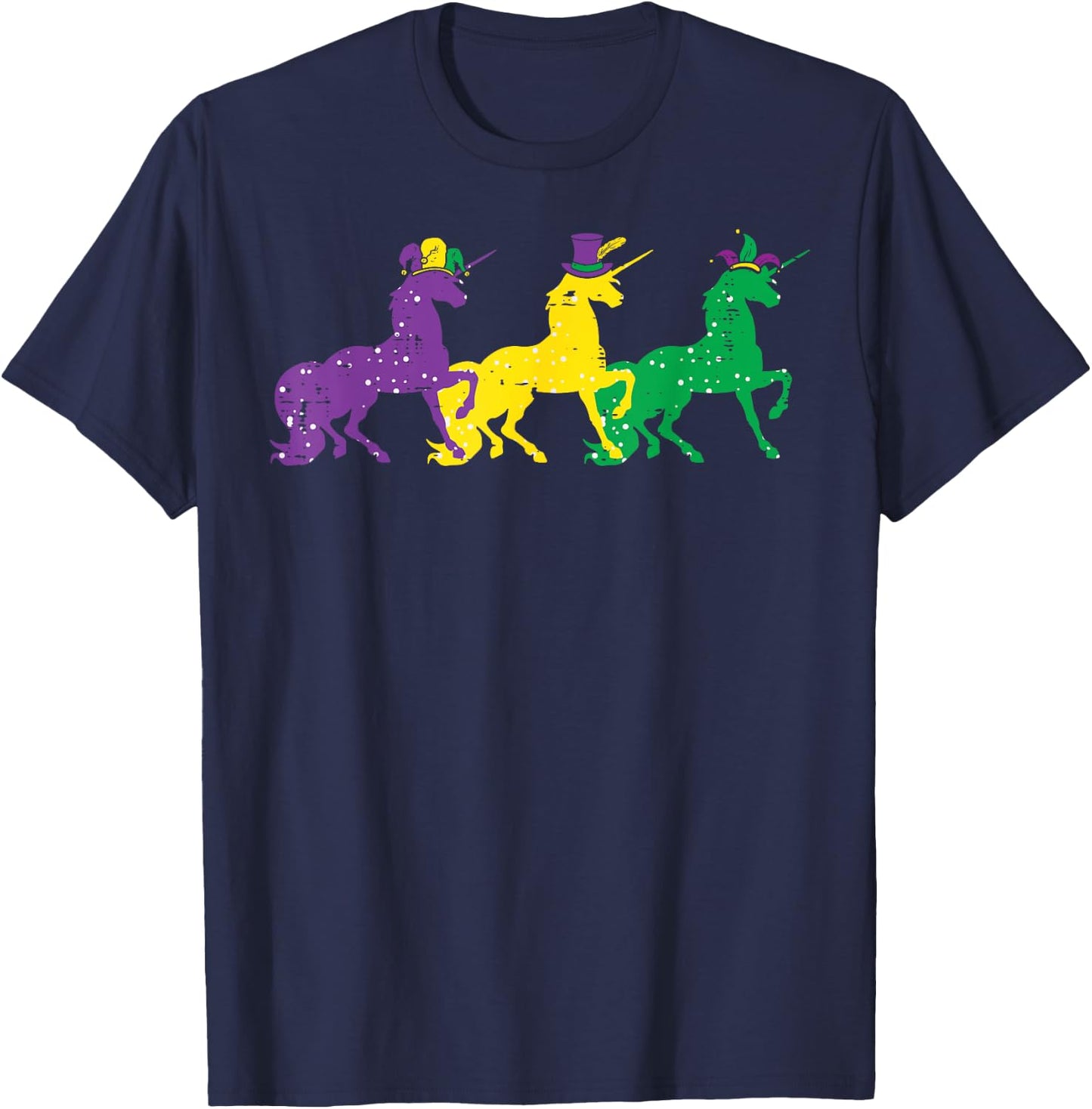 Purple Yellow Green Unicorns Mardi Gras Women Girls Kids T-Shirt - T-Shirt | Navy
