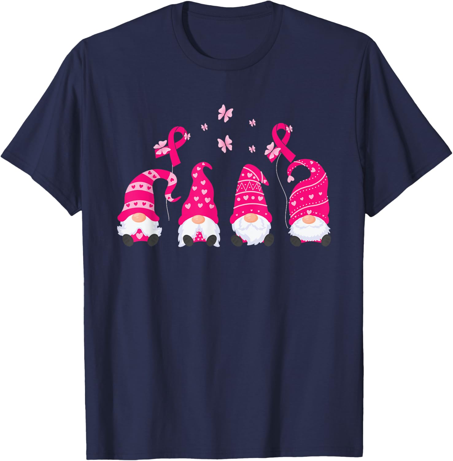 Gnome Breast Cancer Awareness Pink Ribbon Warrior Survivor T-Shirt - T-Shirt | Navy