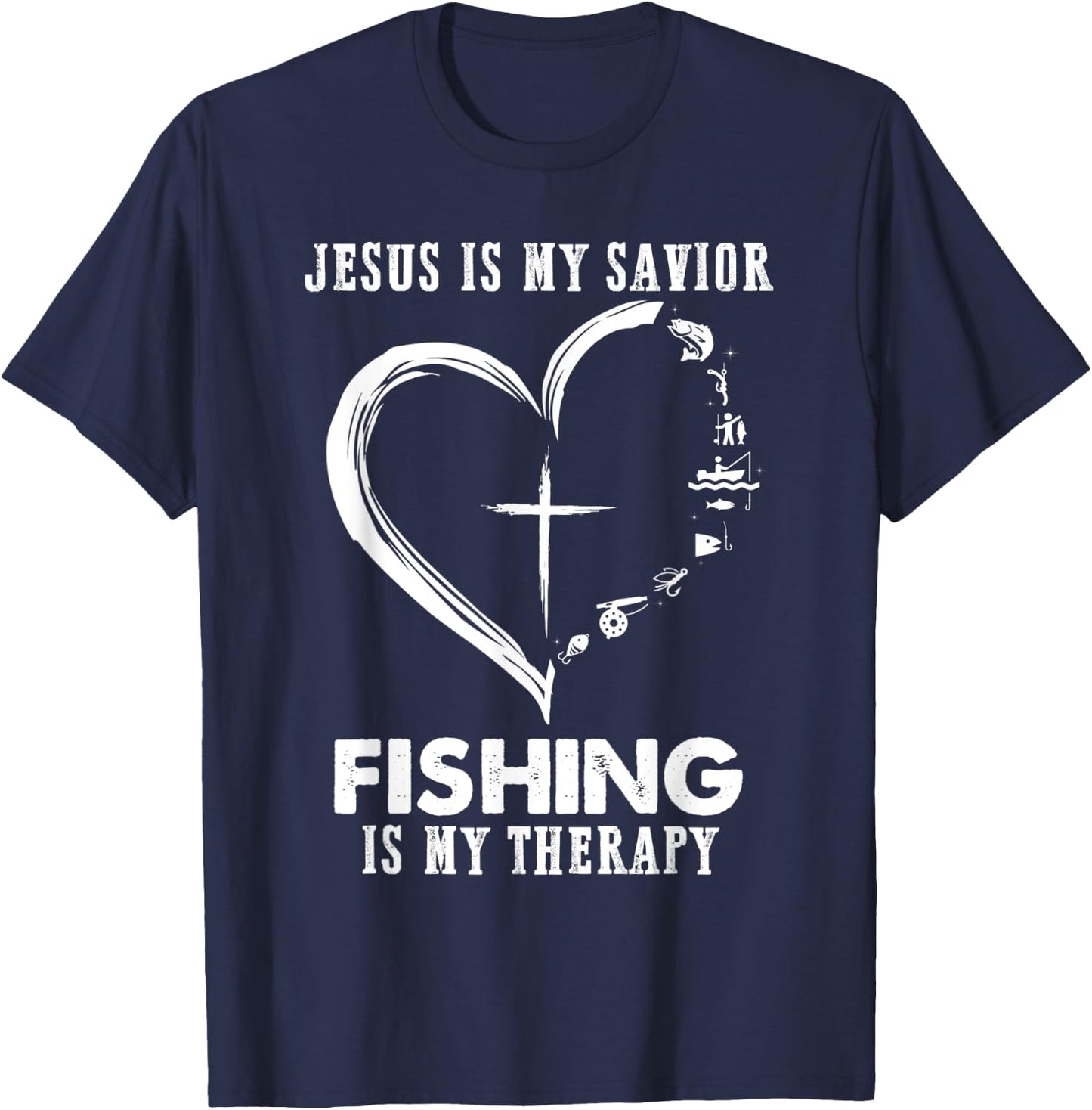 Jesus is my savior fishing is my therapy Funny Fisherman T-Shirt - T-Shirt | Navy