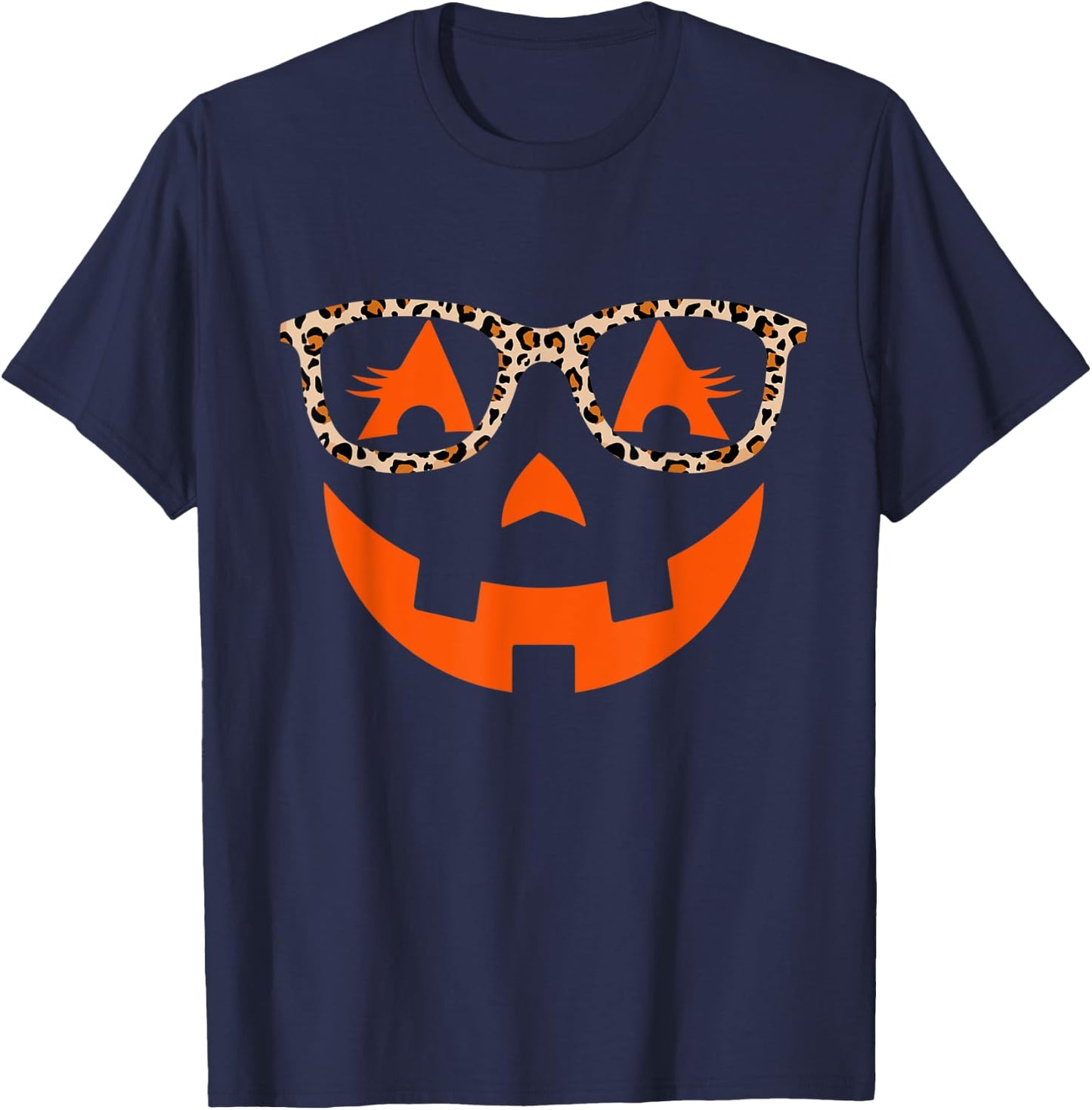 Jack O Lantern With Glasses Shirt Women Halloween Leopard T-Shirt - T-Shirt | Navy
