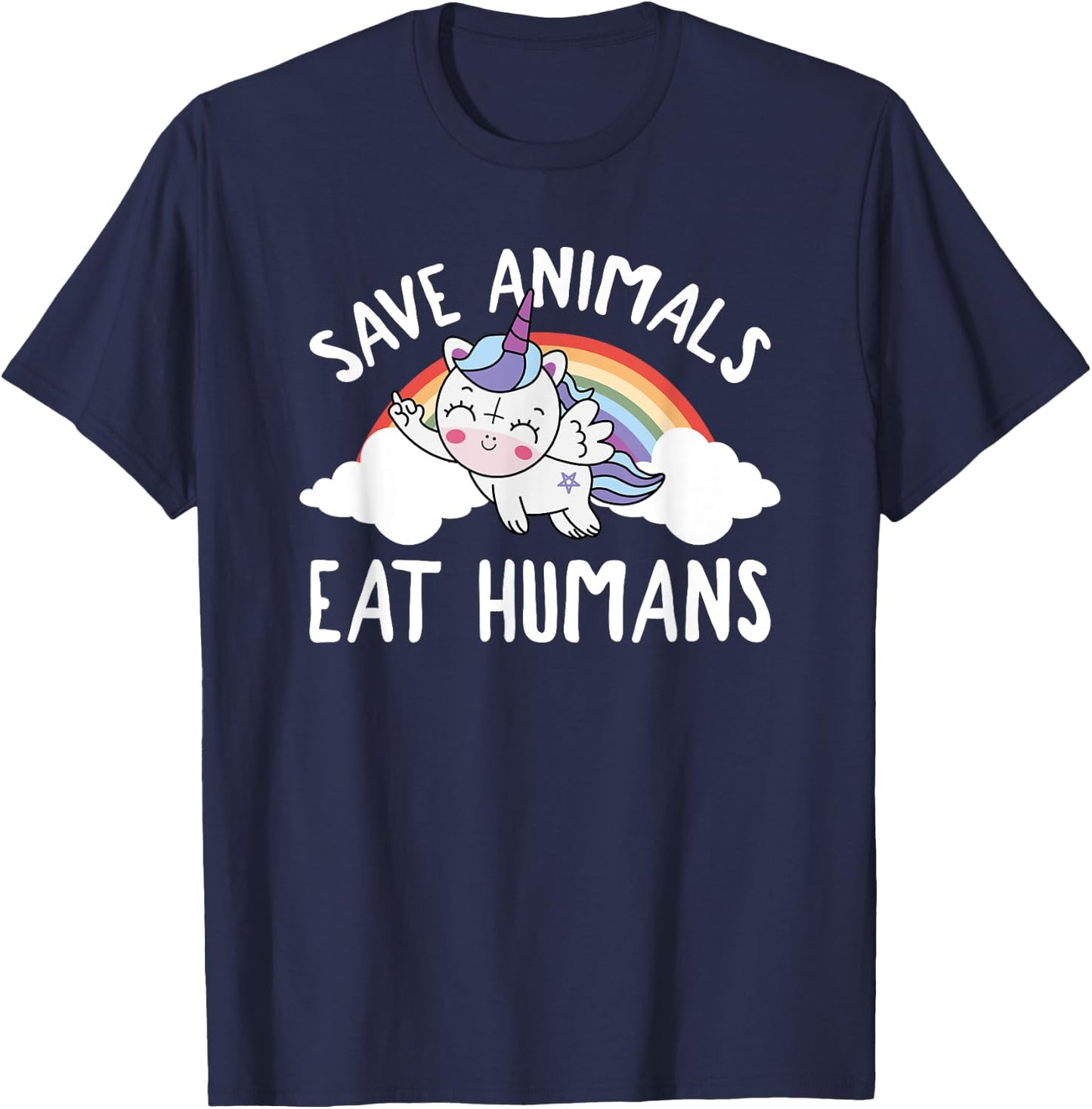 Evil Unicorn Rainbow Save Animals Eat Humans Satanic Vegan T-Shirt - T-Shirt | Navy