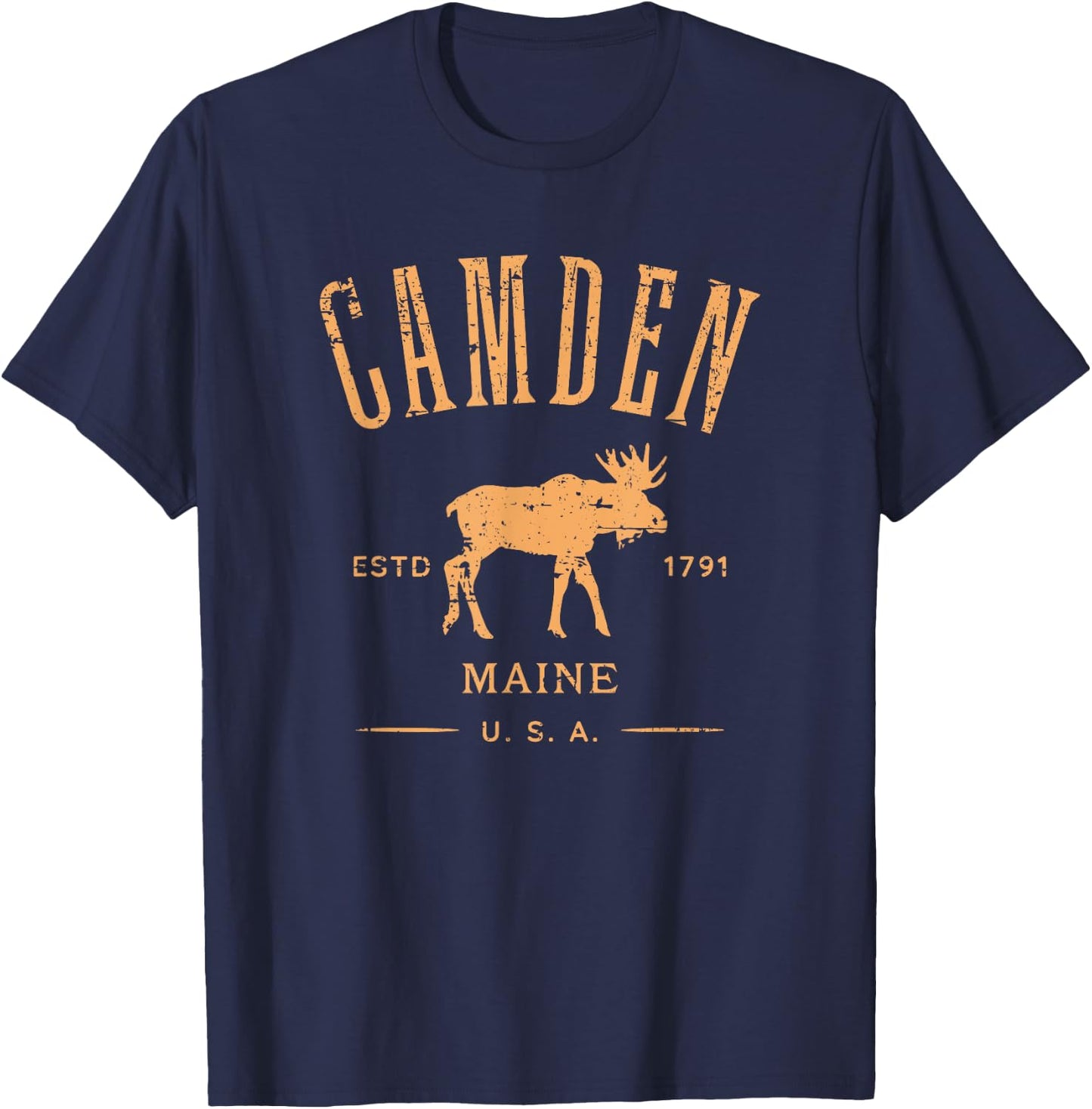 Camden Maine USA with Moose Distressed Design Souvenir T-Shirt - T-Shirt | Navy