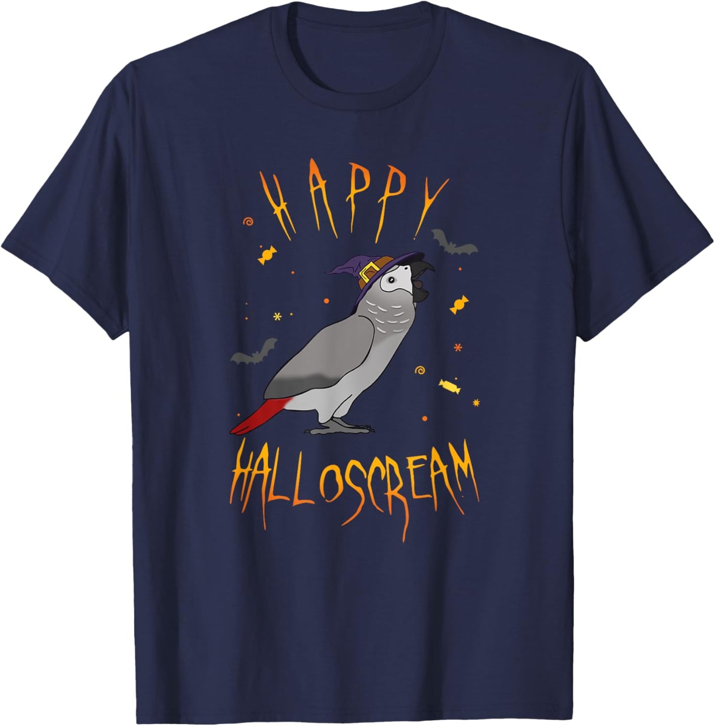 Happy Halloscream African Grey Parrot Witch Hat Birb memes T-Shirt - T-Shirt | Navy