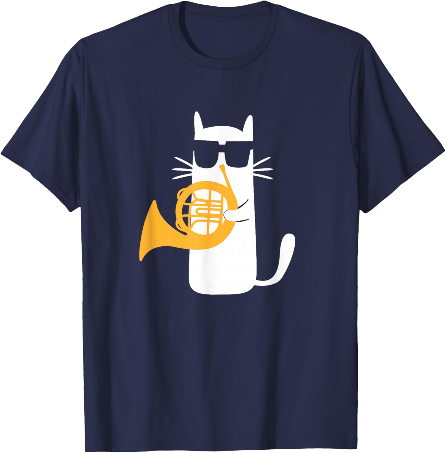 Cat French Horn Funny Cat Lover T-Shirt - T-Shirt | Navy