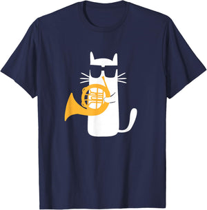 Cat French Horn Funny Cat Lover T-Shirt - T-Shirt | Navy
