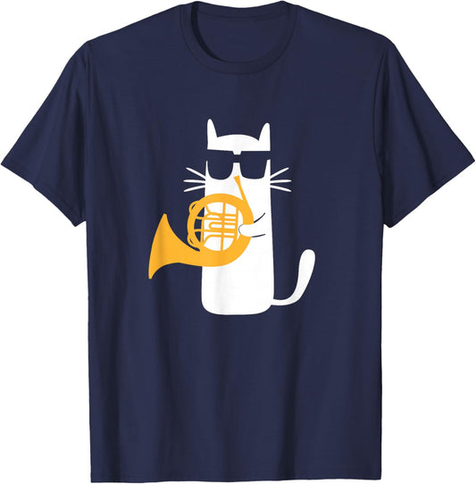Cat French Horn Funny Cat Lover T-Shirt - T-Shirt | Navy