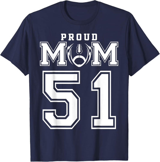 Custom Proud Football Mom Number 51 Personalized T-Shirt - T-Shirt | Navy