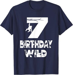 7th Birthday Wild Kid 7 Years Old Zoo Theme Animal Party T-Shirt - T-Shirt | Navy