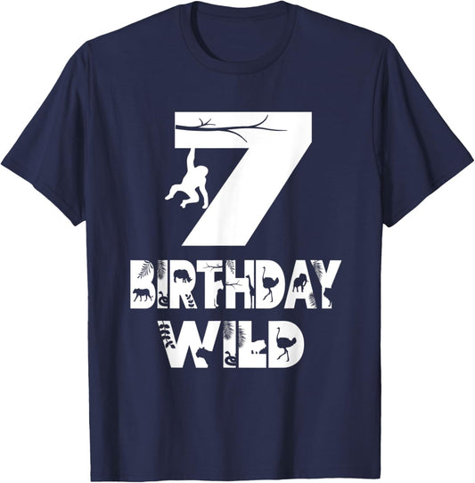 7th Birthday Wild Kid 7 Years Old Zoo Theme Animal Party T-Shirt - T-Shirt | Navy