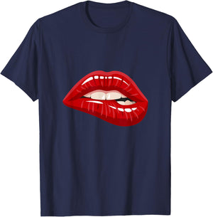 Men's Women's Graphic - Red Biting Lips Short Sleeve T-Shirt - T-Shirt | Navy
