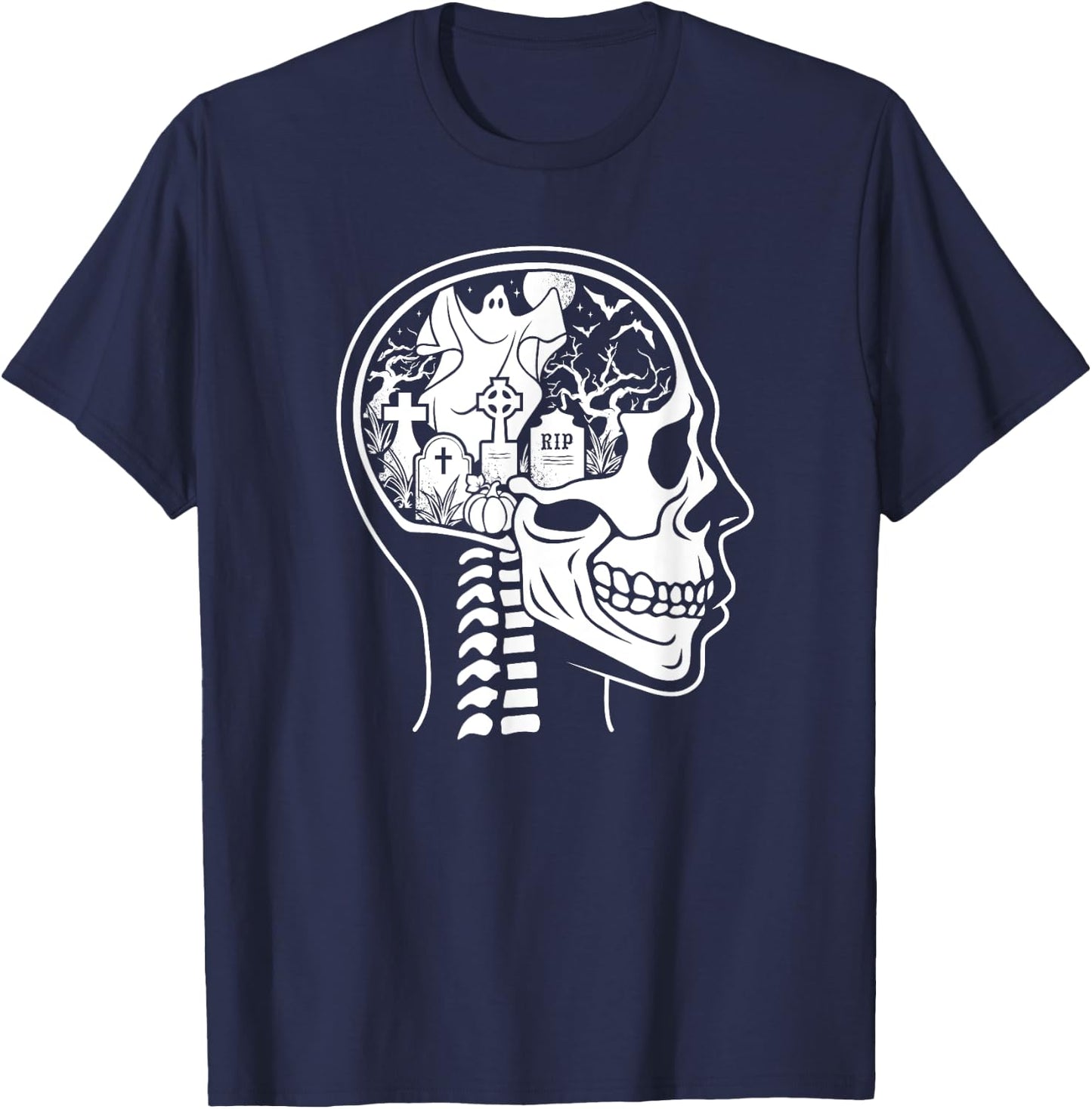 Thinking About Halloween All The Time Ghost Graveyard Skull T-Shirt - T-Shirt | Navy