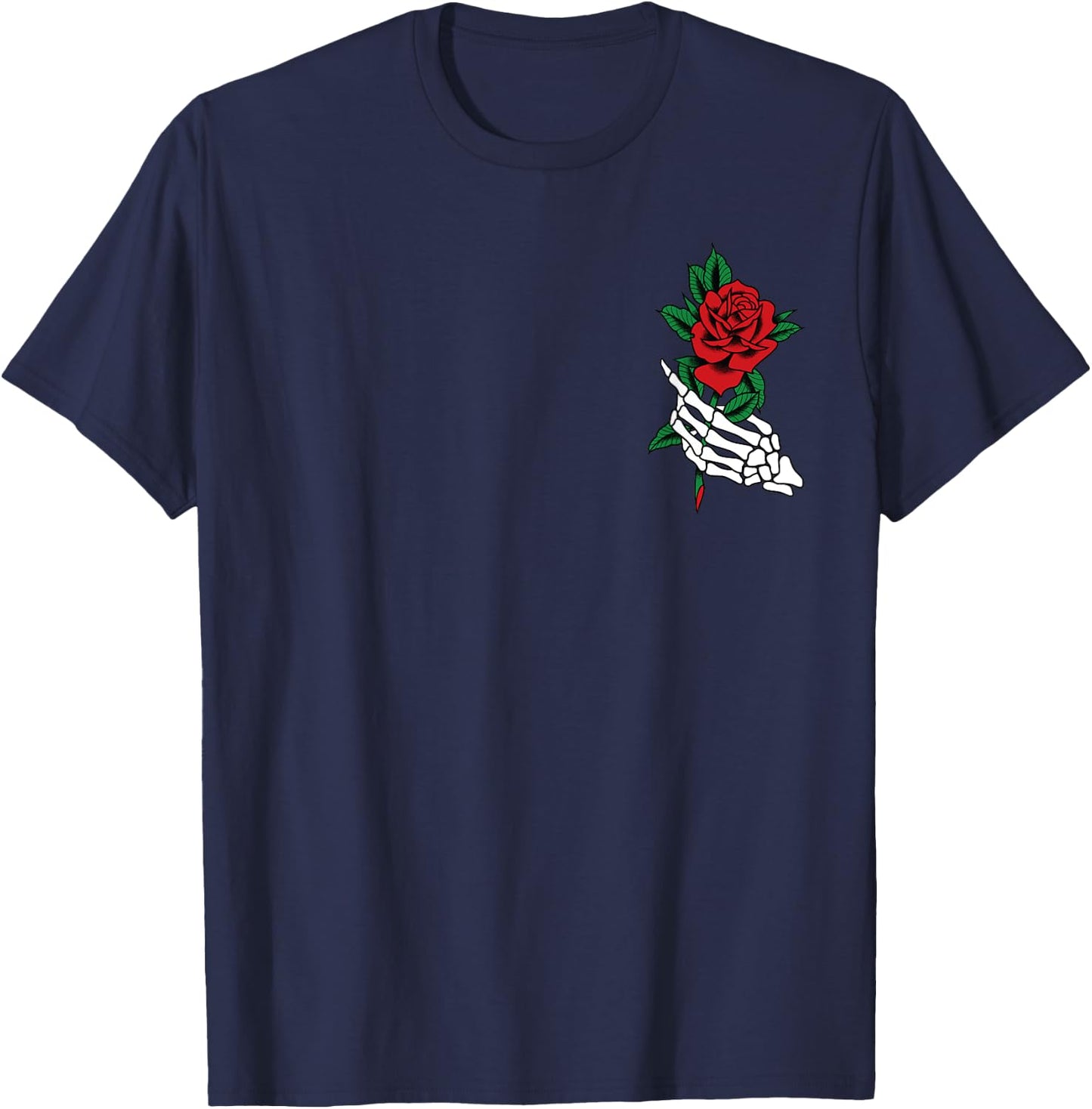 White Skeleton Hand Holding a Red Rose Tattoo Graphic T-Shirt - T-Shirt | Navy