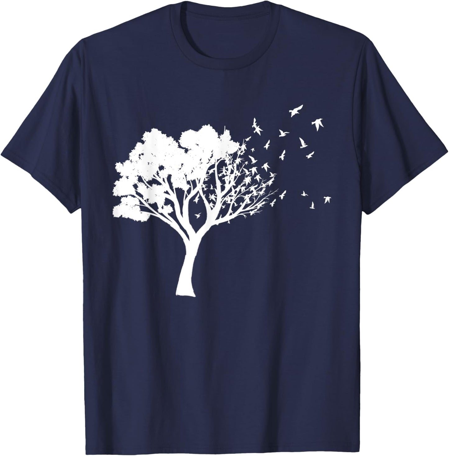 White Tree And Birds Flying Away Free In Nature Silhouette T-Shirt - T-Shirt | Navy