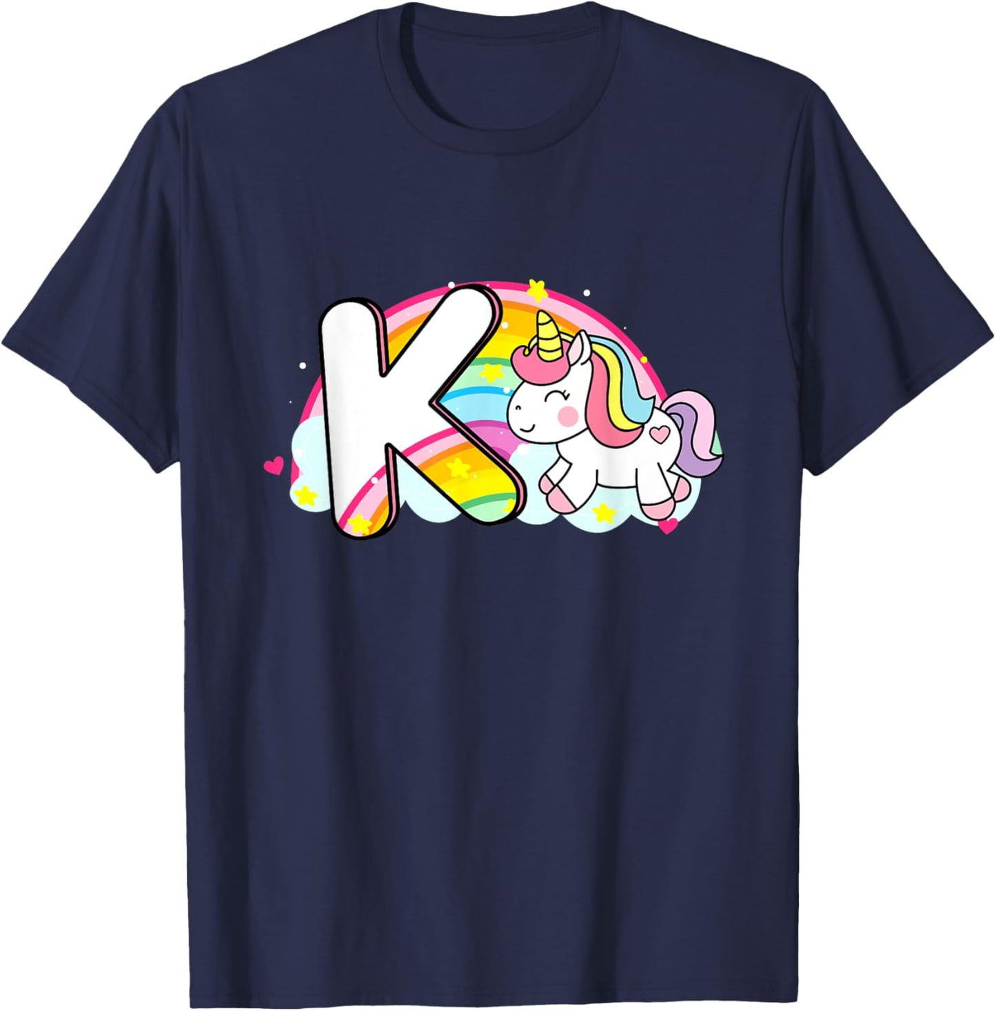 Cute Unicorn Rainbow Caricature Initial K Mo T-Shirt - T-Shirt | Navy