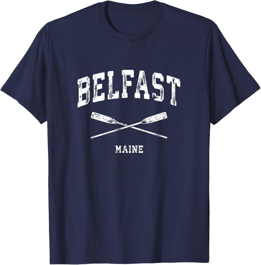 Belfast Maine Vintage Nautical Crossed Oars T-Shirt - T-Shirt | Navy