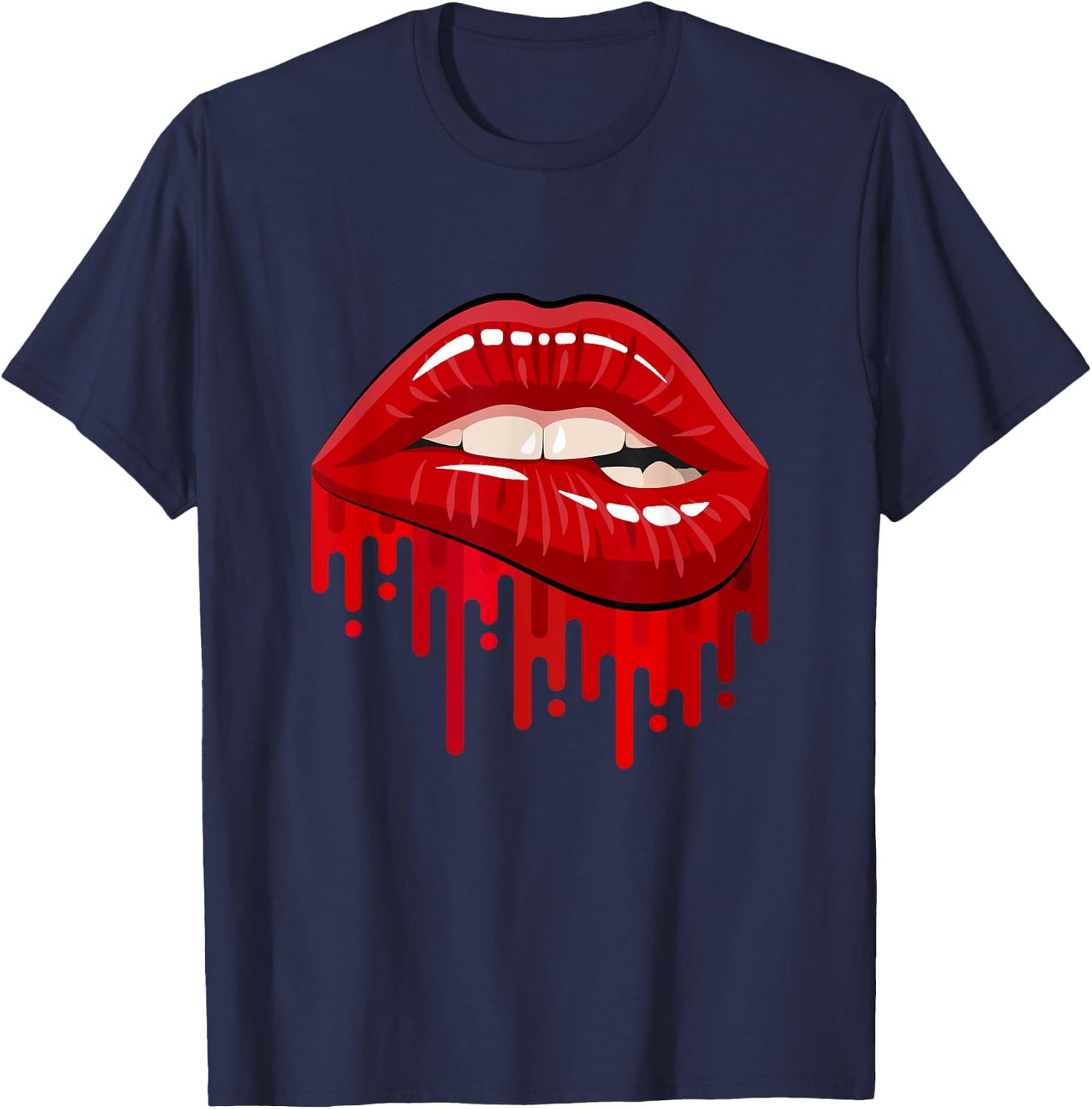 Cool Men's Women's Bold Red Biting Lips Graphic Short Sleeve T-Shirt - T-Shirt | Navy