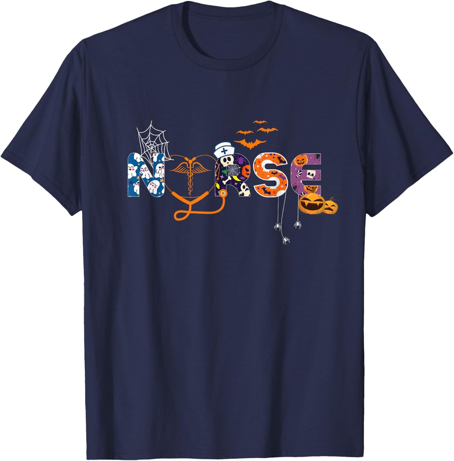 Nursing Halloween Cute Health Worker Halloween Pattern T-Shirt - T-Shirt | Navy