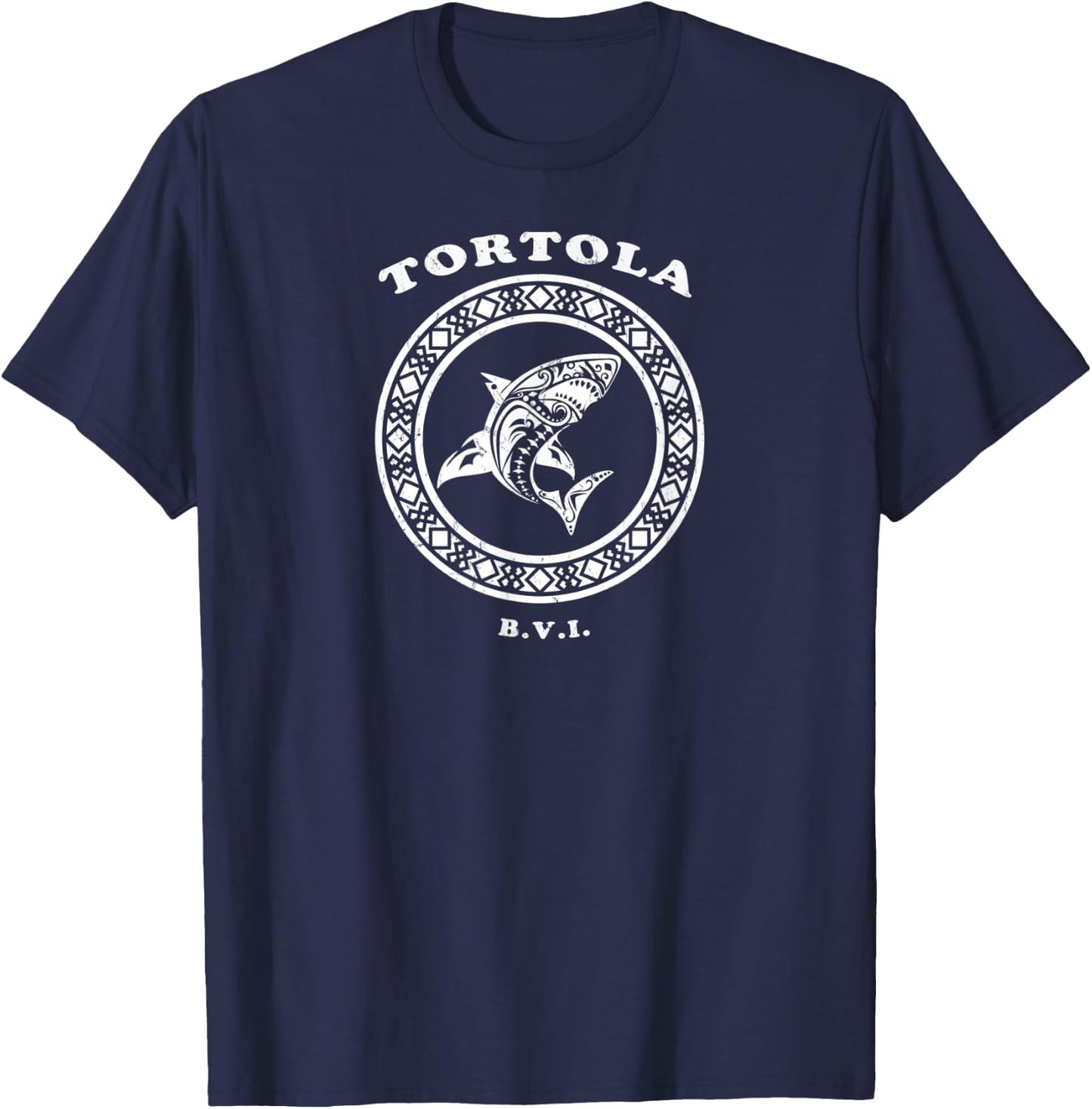 Tortola, BVI Vintage Retro Tribal Shark Vacation T-Shirt - T-Shirt | Navy