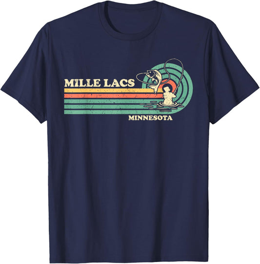 Vintage Retro Summer Fishing Minnesota Mille Lacs Lake Men Women Kids T-Shirt - T-Shirt | Navy