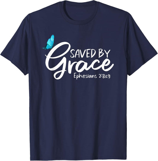 Ephesians 2:8 & 9 - Saved by Grace Butterfly T-Shirt - T-Shirt | Navy