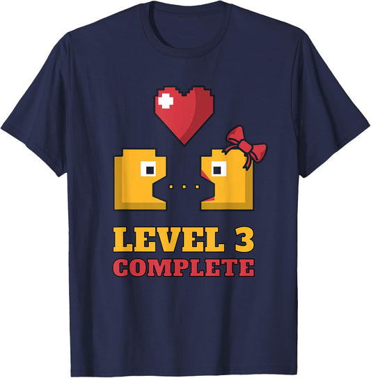 Funny Gamers Level 3 Complete 3rd Wedding Anniversary T-Shirt - T-Shirt | Navy