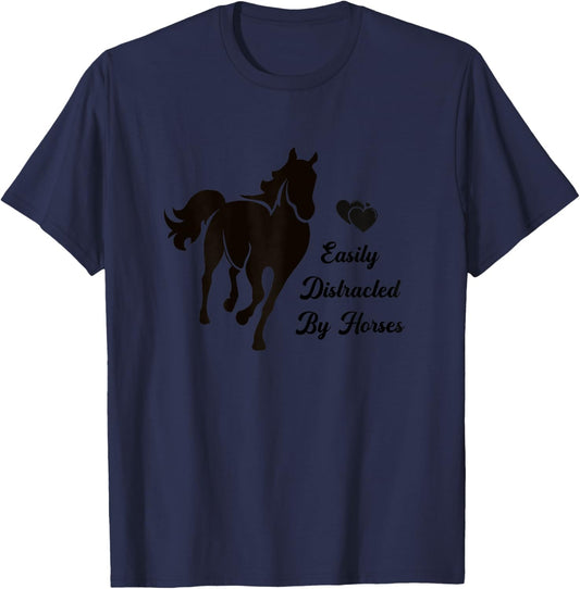 Easily Distracted By Horses Horse Back Riding Graphic T-Shirt - T-Shirt | Navy