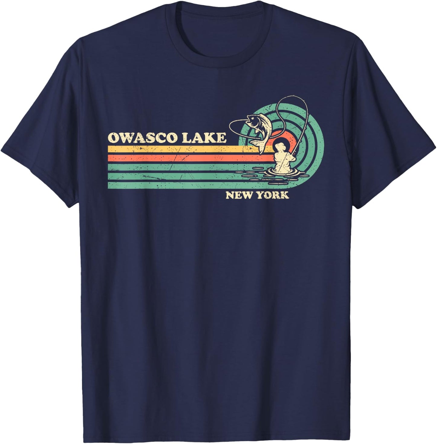 Vintage Retro Summer Fishing New York Owasco Lake T-Shirt - T-Shirt | Navy