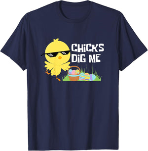 Kids CHICKS DIG ME Funny Easter Joke Egg Basket Cute Toddler Boys T-Shirt - T-Shirt | Navy