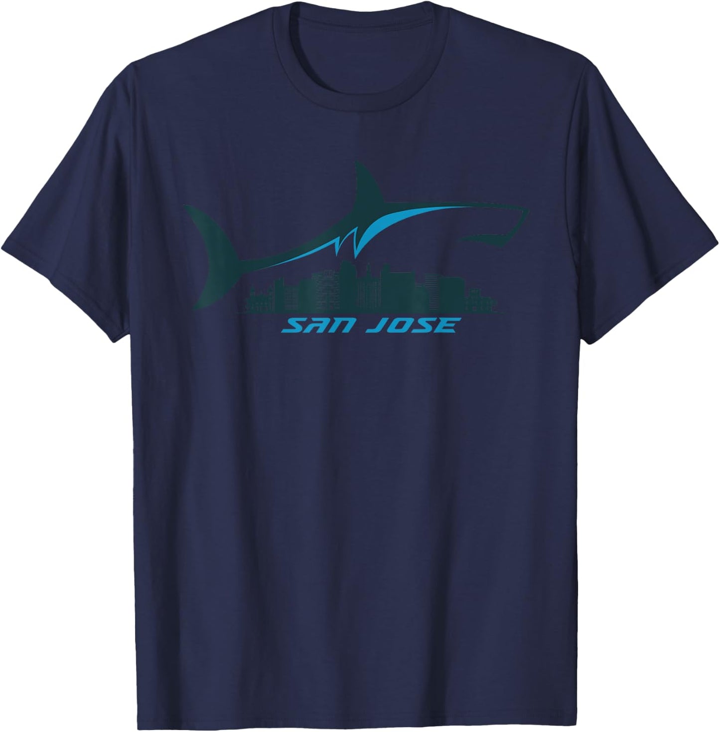 San Jose City Skyline With Shark Above Shark City SJ T-Shirt - T-Shirt | Navy