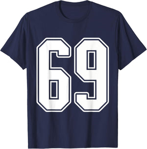 #69 White Outline Number 69 Sports Fan Jersey Style T-Shirt - T-Shirt | Navy