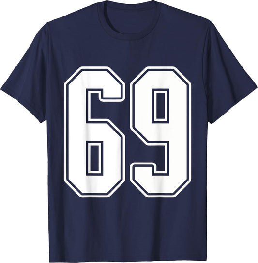 #69 White Outline Number 69 Sports Fan Jersey Style T-Shirt - T-Shirt | Navy