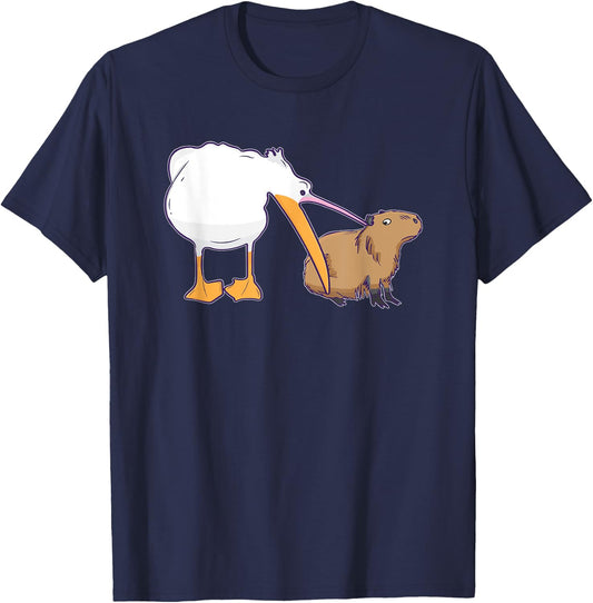 Pelican Tries to Eat Capybara Funny Cute Kawaii Meme T-Shirt - T-Shirt | Navy