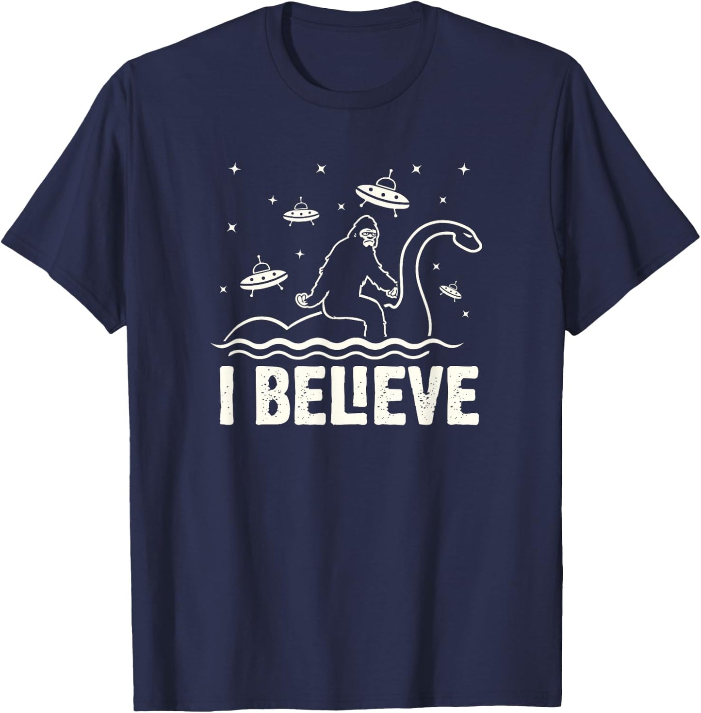 Funny Bigfoot riding Nessie I believe T-Shirt - T-Shirt | Navy