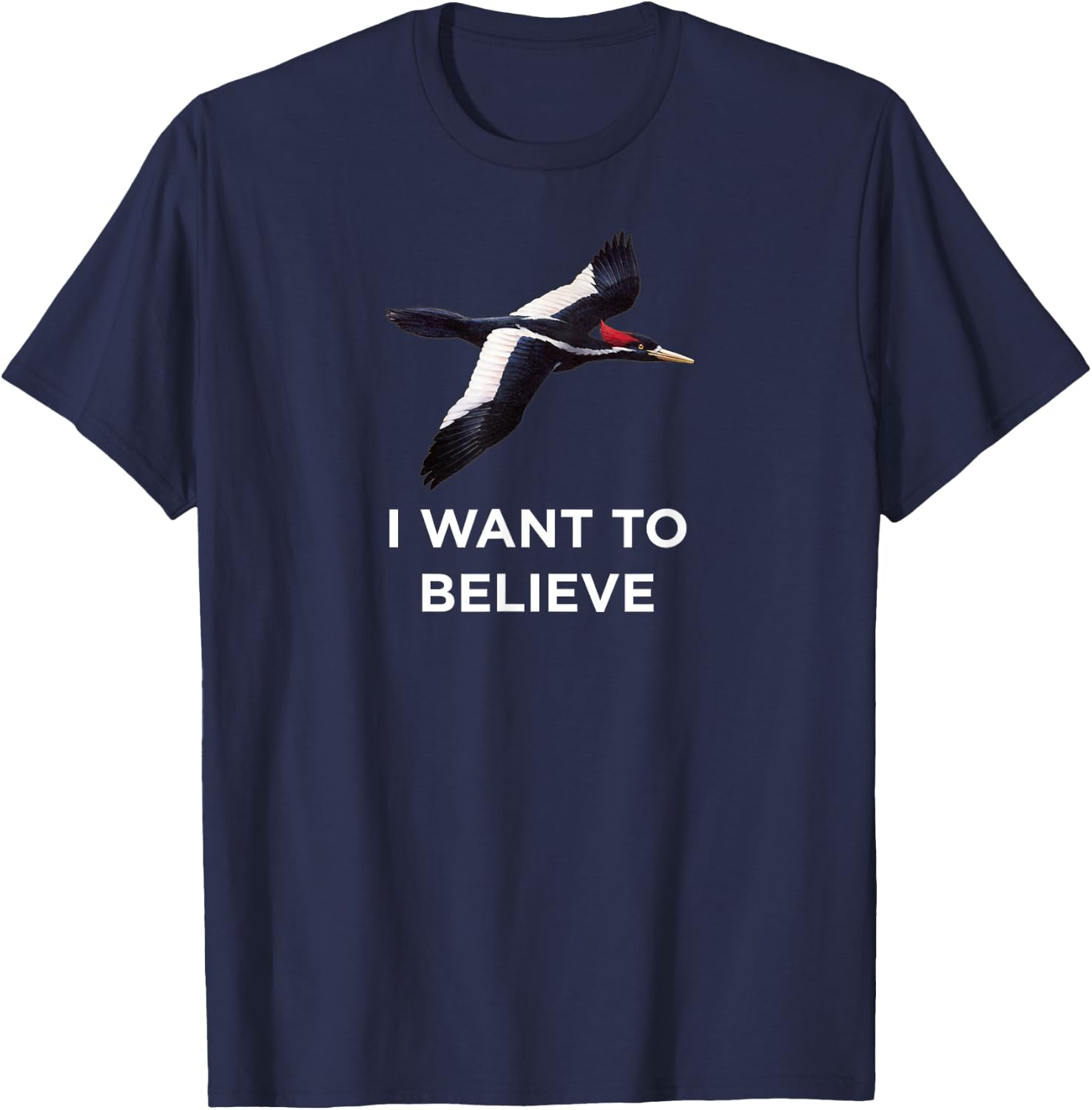 Bird Nerd Wear Ivory Calculated Woodpecker I Want To Believe T-Shirt - T-Shirt | Navy