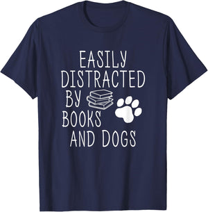 Easily Distracted By Books And Dogs Funny Geek Animal Lover T-Shirt - T-Shirt | Navy