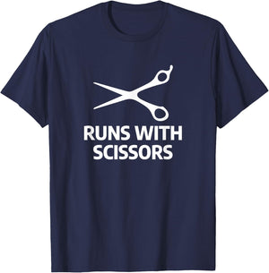 Runs With Scissors Funny Barber Trimmer Hairstylist Humor T-Shirt - T-Shirt | Navy