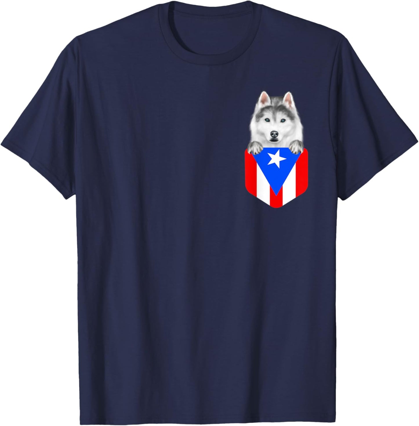 Puerto Rico Flag Siberian Husky Dog In Pocket Women Kids T-Shirt - T-Shirt | Navy