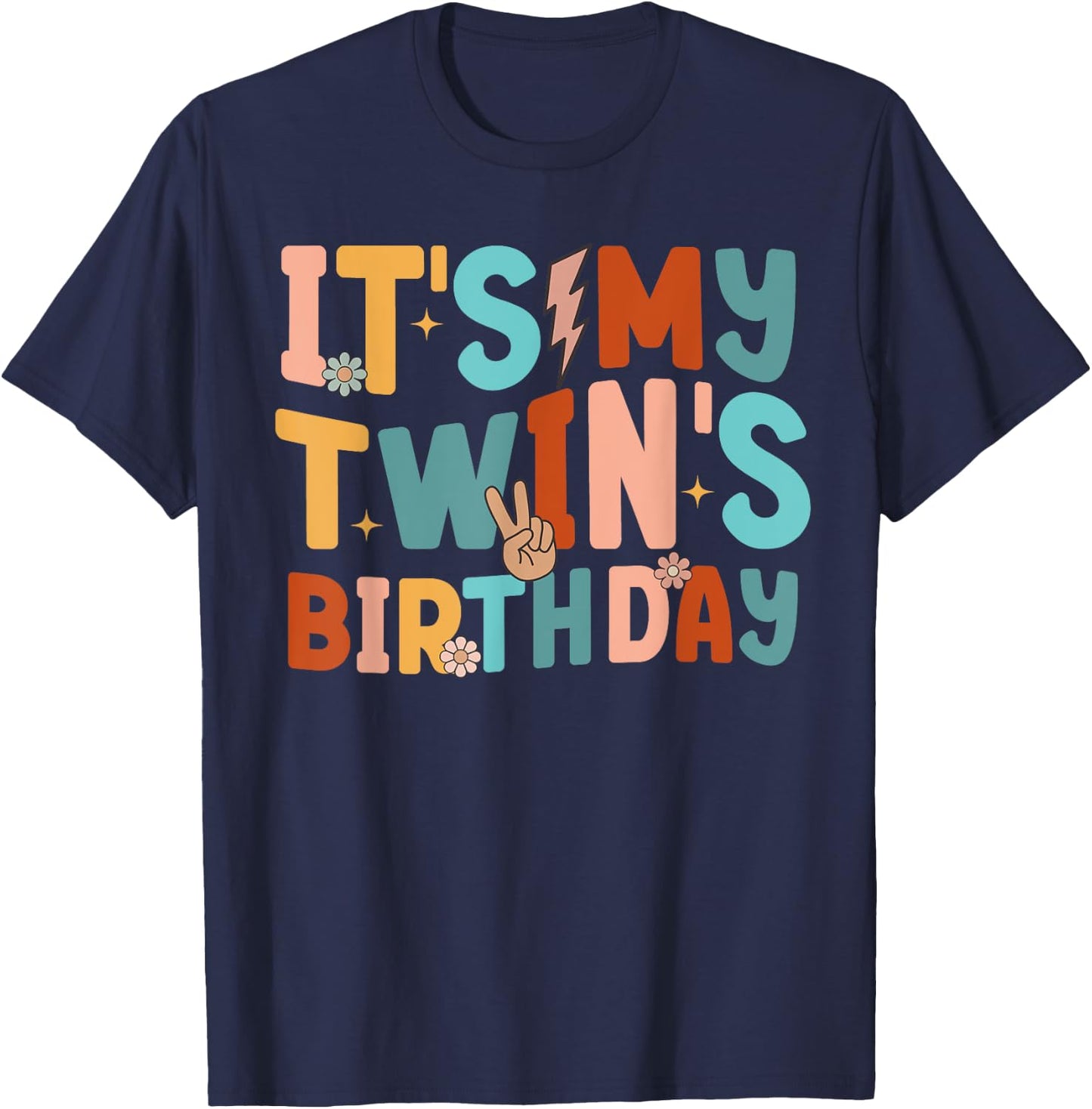 It's My Twin's Birthday Matching Girl's Women's Groovy Retro T-Shirt - T-Shirt | Navy